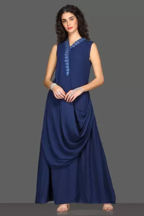 50Z098-RO Dark Blue Sleeveless Draped Maxi Dress