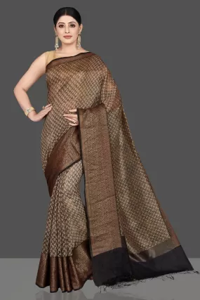 90L399 Brown Cotton Chanderi Silk Sari with Antique Zari Border