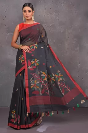 90M638 Black Tantuja Cotton Saree with Weave Pallu