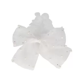 Bari Lynn Tulle Bow Scrunchie with Pearls & Swarovski Crystals - White