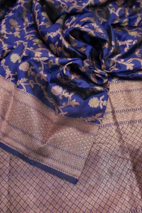 Deep Indigo Blue Color Katan Banarasi Saree with All Over Jaal  Work