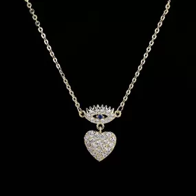 Designer CZ Paved Heart Pendant Evil Eye Gold Chain Necklace