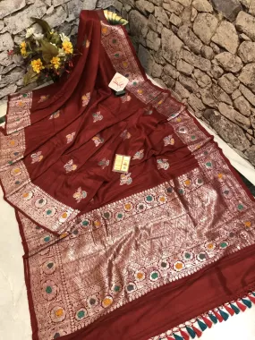 Maroon Color Tussar Georgette Banarasi with Silver Zari & MeenakariWork