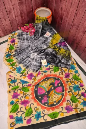 Multi-Colored Pure Bishnupur Katan Silk with Hand Kalamkari & Hand Shibori Dye