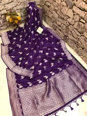 Violet Color Satin Banarasi Saree with Silver Zari Work